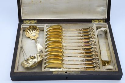 A vermeil tea set comprising twelve spoons,...