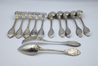 Ensemble de six couverts à entremets en argent,...