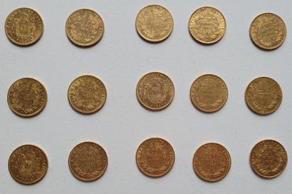 Ensemble de quinze pièces 20 FF or de 1852...