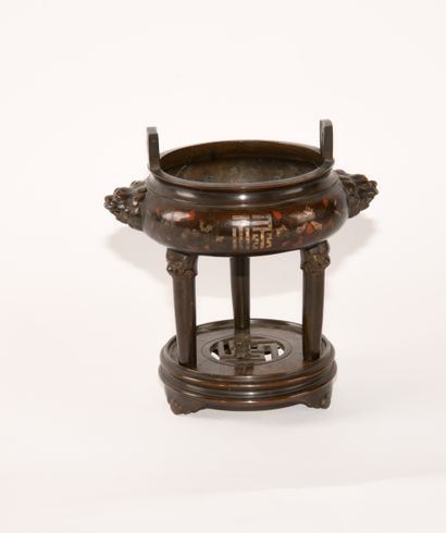 Incrusted bronze incense burner and base...