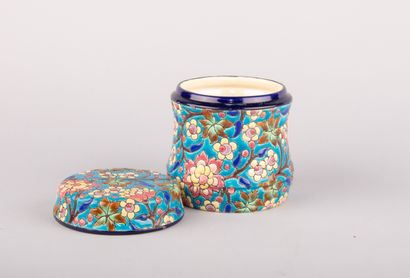 LONGWY, 

Covered circular pot in enamelled...
