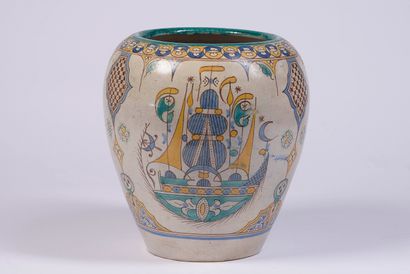 Large polychrome enamelled ceramic vase decorated...