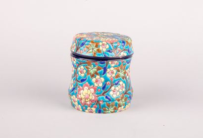 LONGWY, 

Covered circular pot in enamelled...