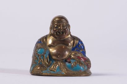 Small embossed and enameled copper Buddha,...