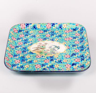 LONGWY,

Rectangular tray in polychrome enamelled...
