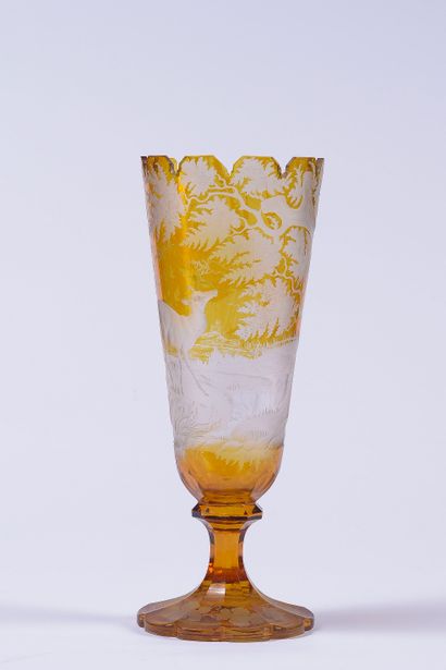 BOHÊME, yellow lined crystal horn vase on...