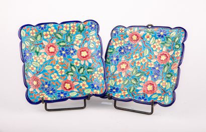 LONGWY, 

Pair of square enamelled earthenware...