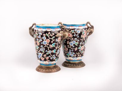 LONGWY (attributed to),

Pair of vases mounted...