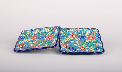 LONGWY, 

Pair of square enamelled earthenware...