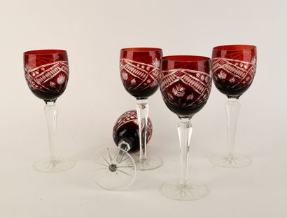 Suite of five red-tinted cut-crystal stemmed...