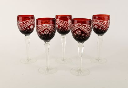 Suite of five red-tinted cut-crystal stemmed...