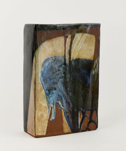 Rectangular stoneware vase with beige and...