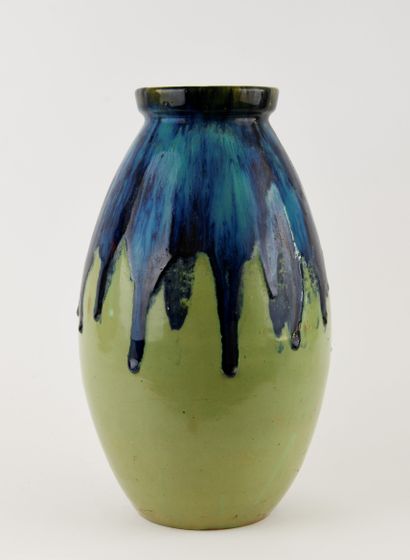 Large flared-neck obus vase in green-glazed...