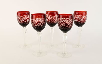 Suite of five red-tinted cut-crystal stemmed...