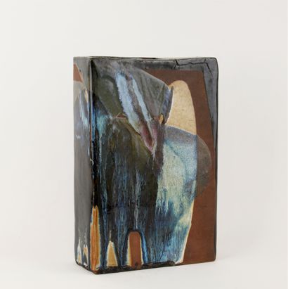 Rectangular stoneware vase with beige and...