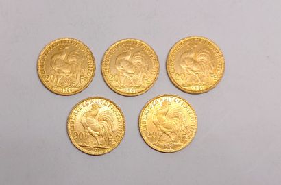 5 French 20 Franc gold Republic coins from...