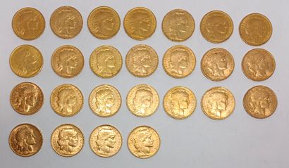 25 French 20 Franc gold Republic coins: 1901...
