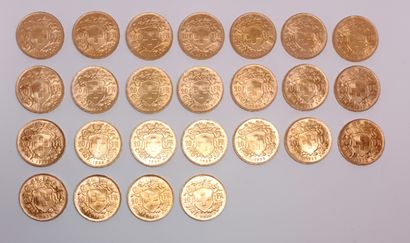 25 gold Swiss 20 franc coins from 1935.