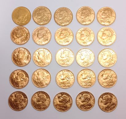 25 gold Swiss 20 franc coins from 1895 (x1),...