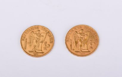 Two 1875 A and 1897 A French 20 franc genie...