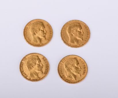 Four Napoleon III French 20 franc coins of...