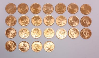 25 gold Swiss 20 franc coins from 1935.