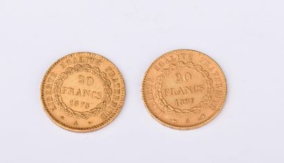 Two 1875 A and 1897 A French 20 franc genie...