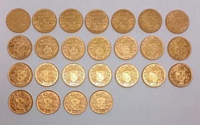 25 gold Swiss 20 franc coins from 1898 (x1),...