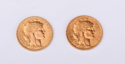 Two 1911 French 20 franc gold Marianne c...