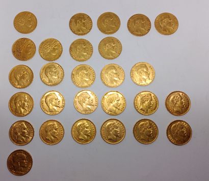 27 French 20 Franc gold Napoleon and Republic...