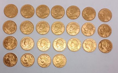 25 gold Swiss 20 franc coins from 1898 (x1),...