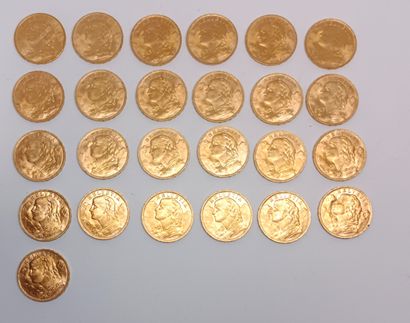 25 gold Swiss 20 franc coins from 1914 (x1),...