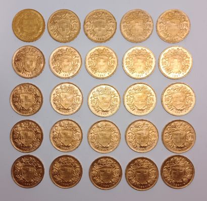 25 gold Swiss 20 franc coins from 1895 (x1),...