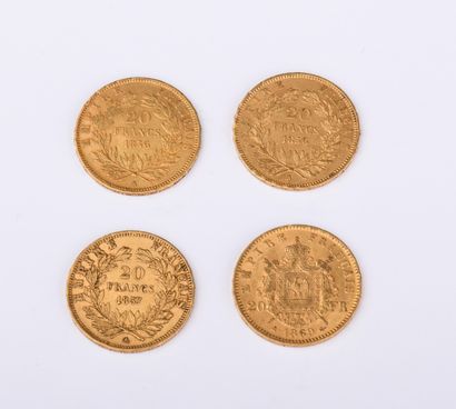 Four Napoleon III French 20 franc coins of...