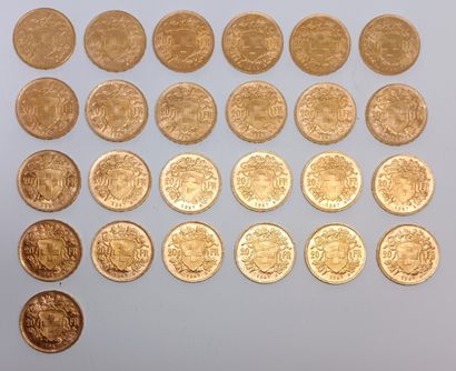 25 gold Swiss 20 franc coins from 1914 (x1),...