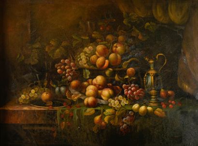 T. ALEXANDER (20th century). 
Basket of peaches,...