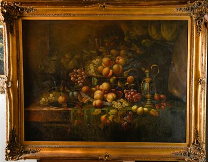 T. ALEXANDER (20th century). 
Basket of peaches,...