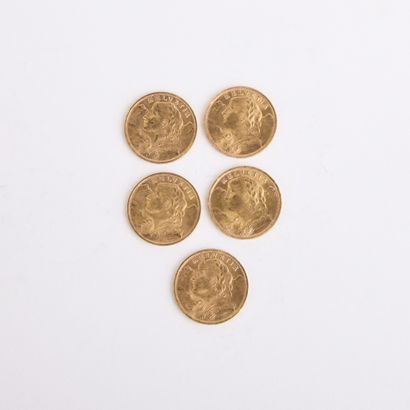 5 gold Swiss 20 franc coins from 1947