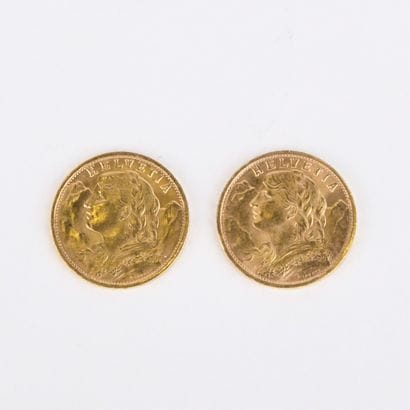 2 gold Swiss 20 franc coins from 1927 and...