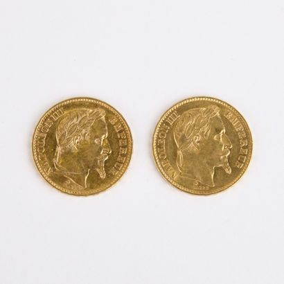 2 French 20 franc gold Napoleon III laureate...