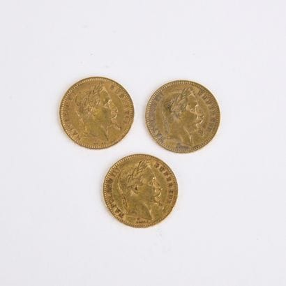 3 Napoleon III gold 20 Francs Français coins,...