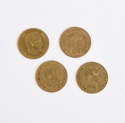 4 Napoleon III 10 Franc gold coins with bare...