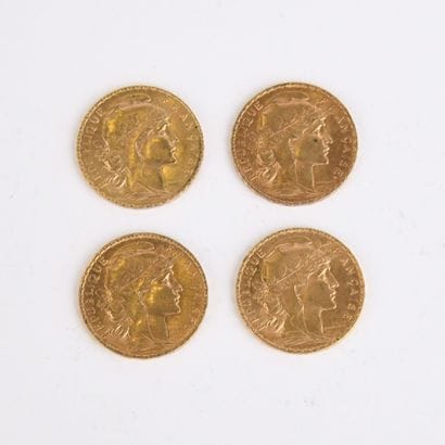 4 French 20 franc gold coins with rooster...