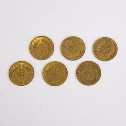 6 pieces of 20 French Francs gold Napoléon...