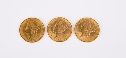3 US $20 gold coins from 1907