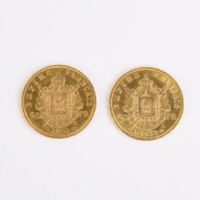 2 French 20 franc gold Napoleon III laureate...
