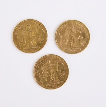 3 pieces of 20 French Francs in gold with...