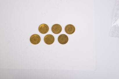 6 pieces of 20 French Francs gold Napoléon...