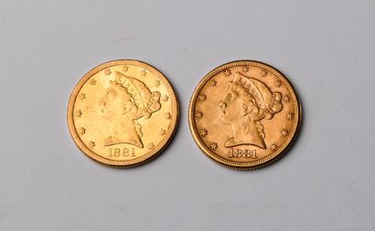 2 US $5 gold coins from 1881