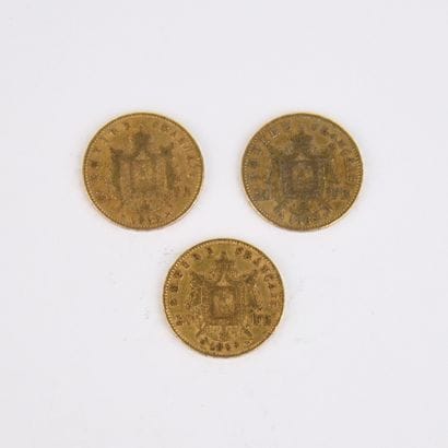 3 Napoleon III gold 20 Francs Français coins,...